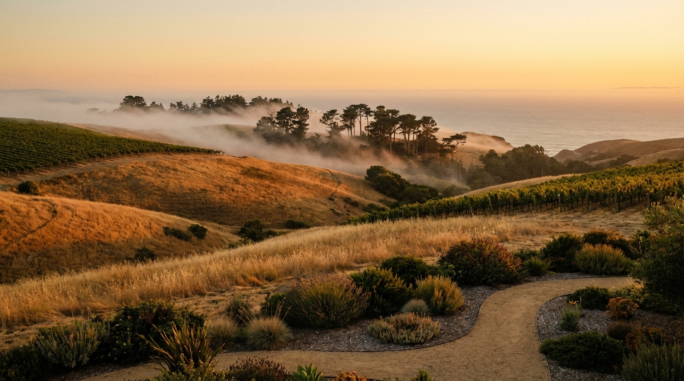 Bay Area golden hills at sunset with coastal fog