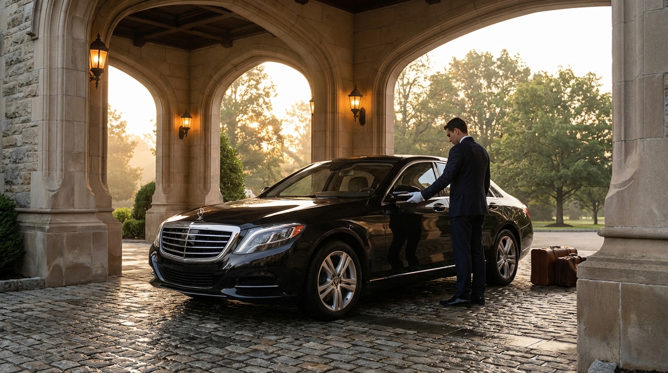 Professional chauffeur preparing luxury vehicle at estate