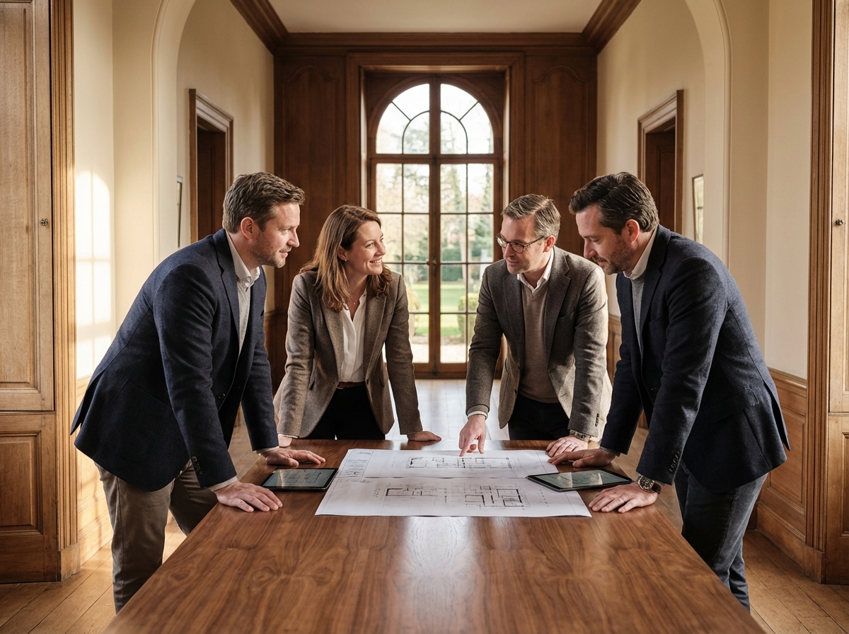 Excellence Services team collaborating in estate hallway